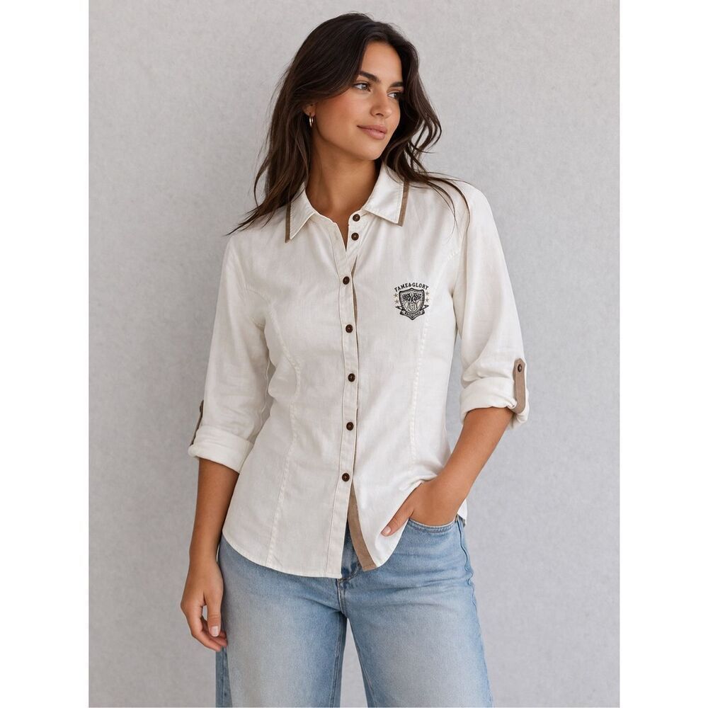 Gerry Weber Edition ButtonUp Shirt Blouse Cream Trim Embroidered Logo Sz L Notes